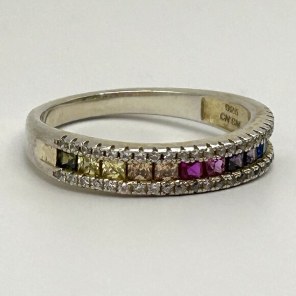 Sterling Silver Multi-Gem Eternity Band Ring Ruby Emerald Aqua Diamond Size 8.25 - Picture 3 of 9